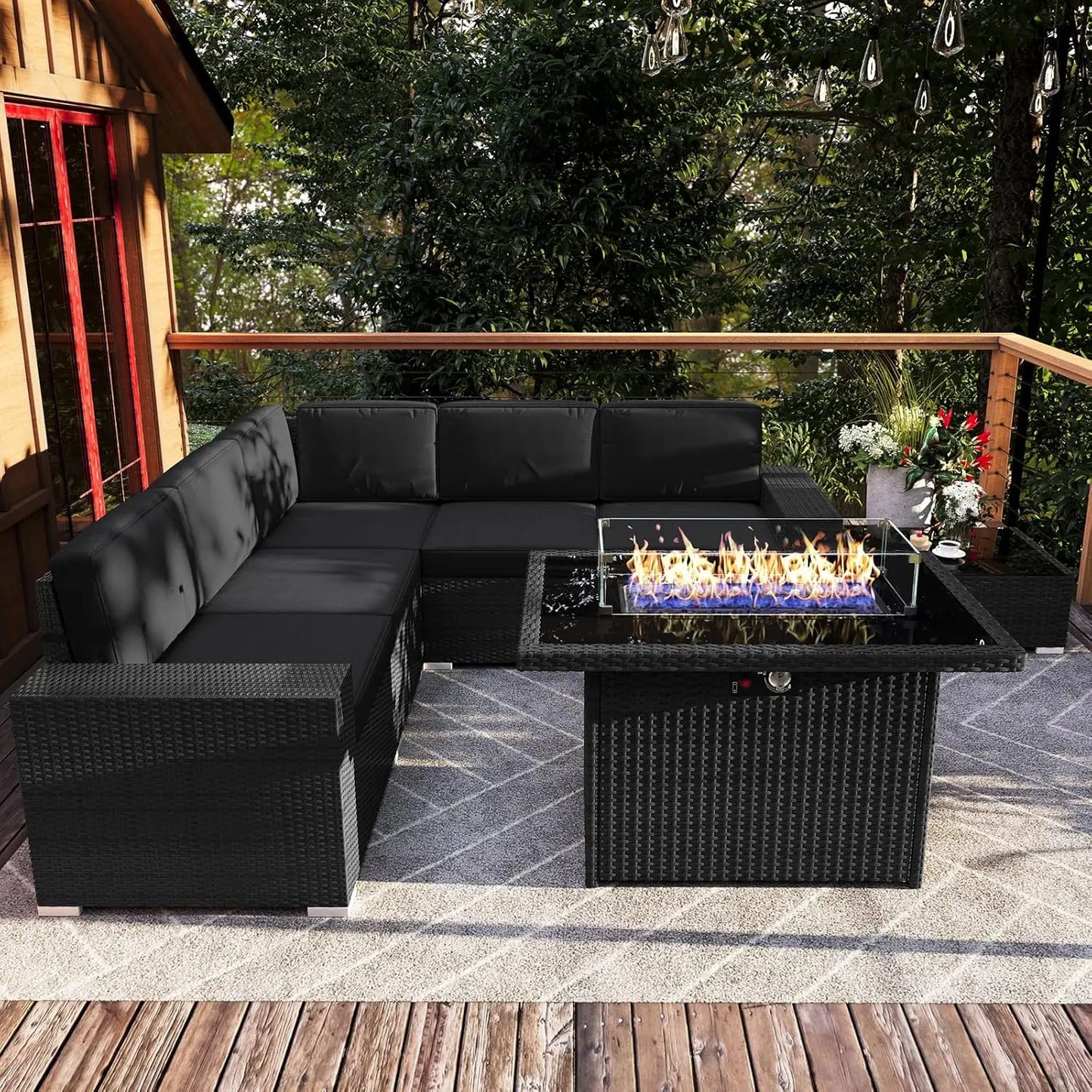 Patio Furniture Set  Fire Pit Table, Outdoor Sectional Wicker Conversation Sofa Sets
