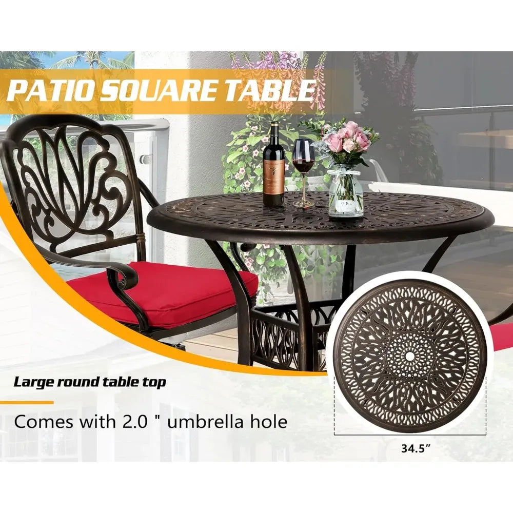 All-Weather Cast Aluminum Furniture Patio Conversation Set 4 Swivel Chairs and 35.4" Table w/Cushions