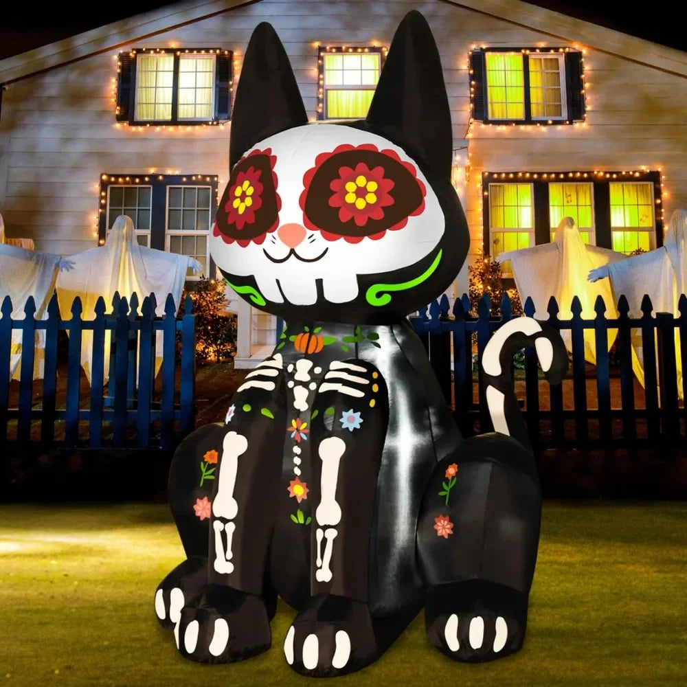 6Ft Halloween Decorations Inflatable Black Cat Halloween Sugar Skull Blow Up