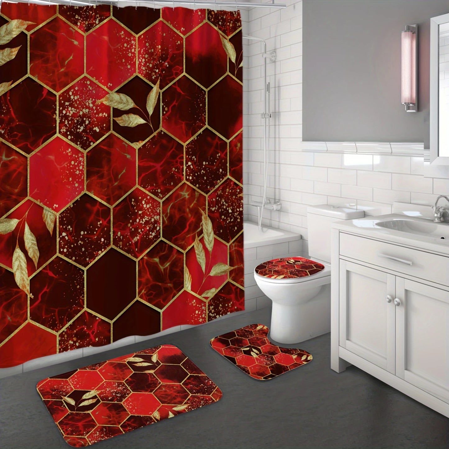 4pcs Modern Marble Shower Curtain Set, Elegant Gold Fabric Shower Curtains Bathroom Decor