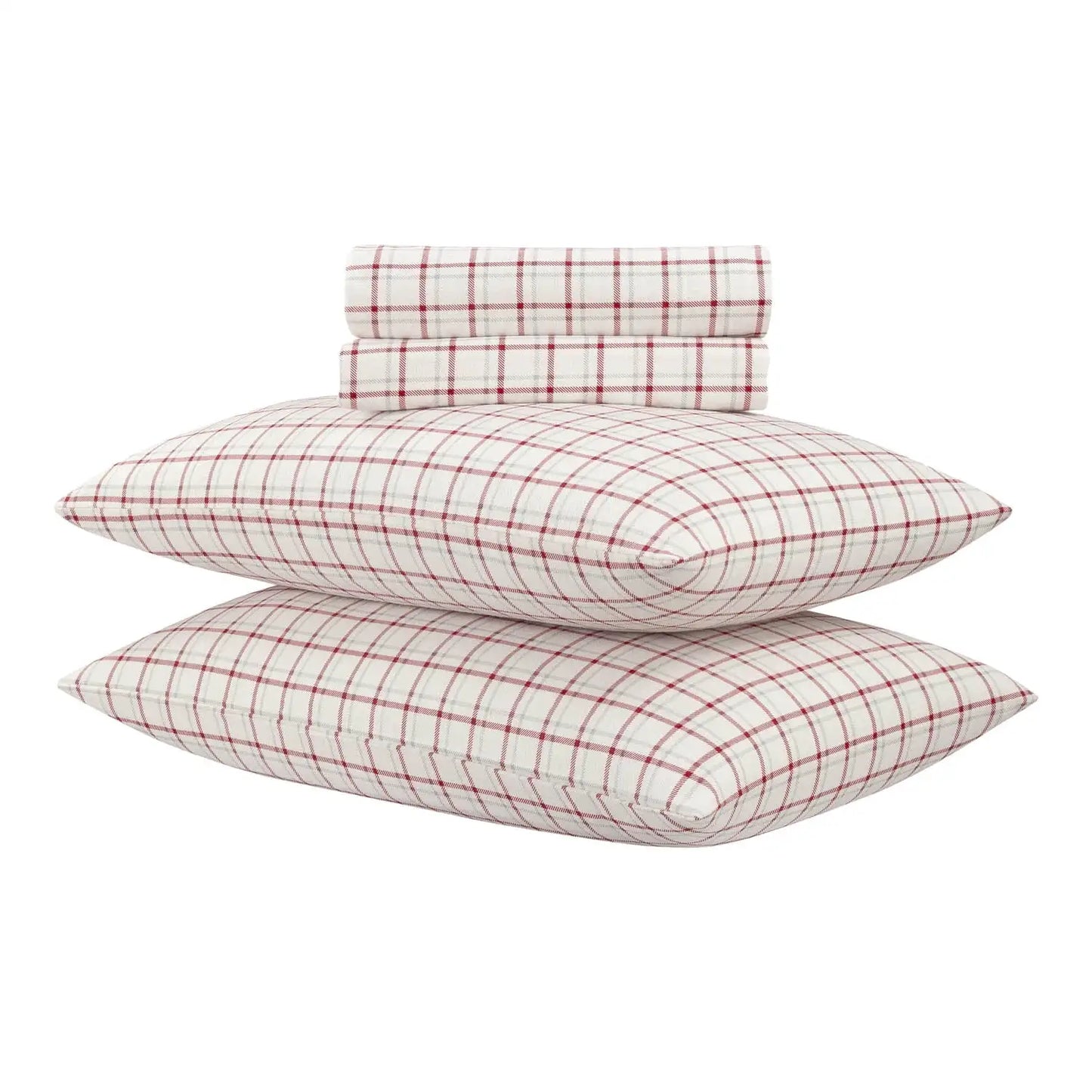 4-Piece Flannel Sheet Set Red Plaid King Fitted Sheet Has 360 Elastic for A Tight Fit To Any Mattress