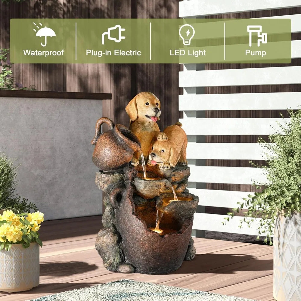 Puppy Rock Tower Farmhouse Resin Fountain with Lights, Outdoor Water Fountain