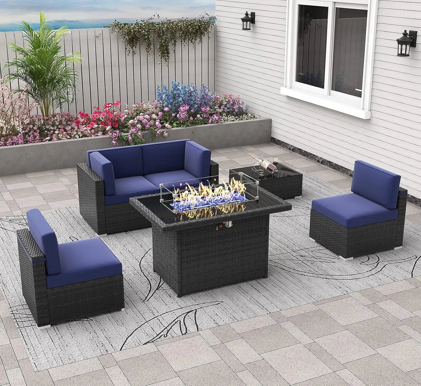 Patio Furniture Set  Fire Pit Table, Outdoor Sectional Wicker Conversation Sofa Sets
