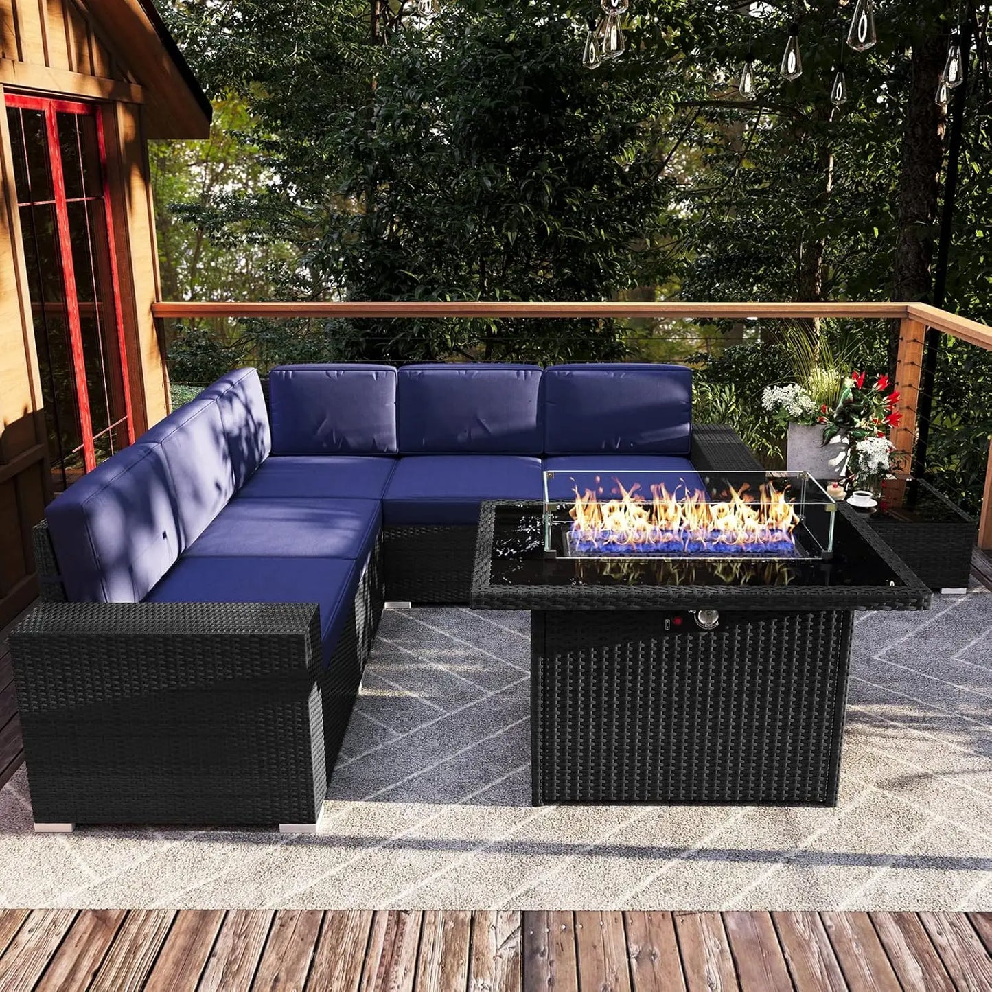 Patio Furniture Set  Fire Pit Table, Outdoor Sectional Wicker Conversation Sofa Sets