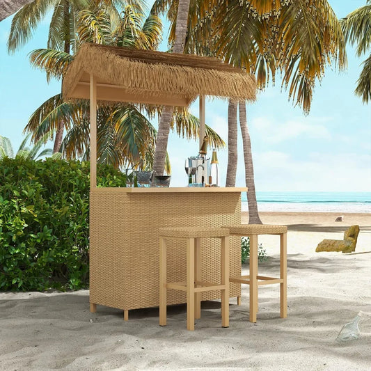 High quality- Outdoor Tiki Bar Set w/ Widen Ceramic Top (42"W),Phuket 3-Piece Wicker Islander Tiki Bar and 2 Stools Storage-NEW