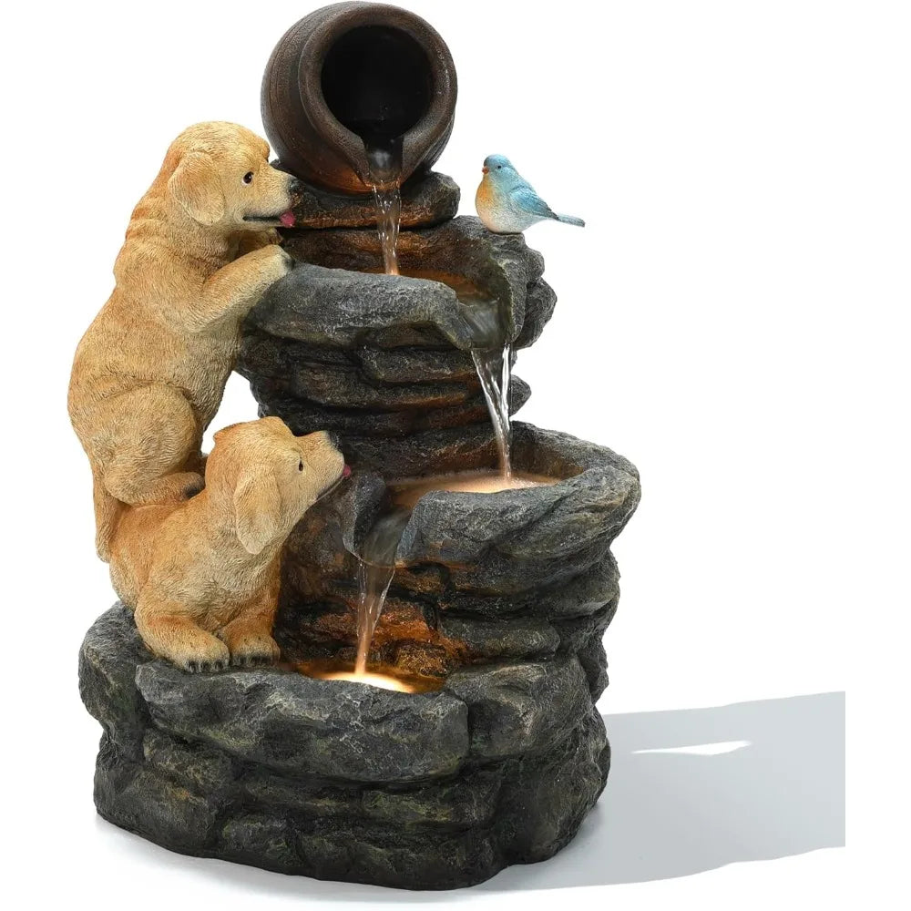 Puppy Rock Tower Farmhouse Resin Fountain with Lights, Outdoor Water Fountain