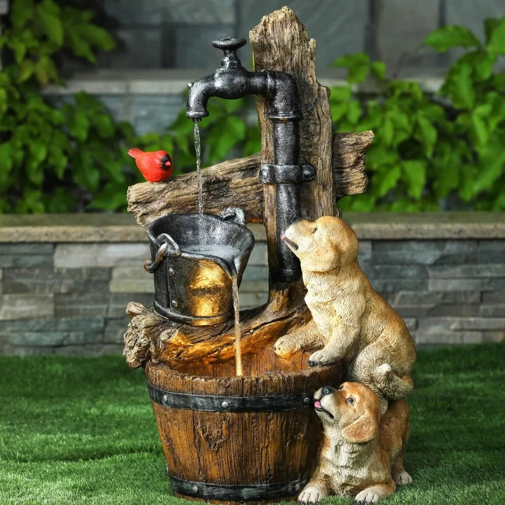 Puppy Rock Tower Farmhouse Resin Fountain with Lights, Outdoor Water Fountain