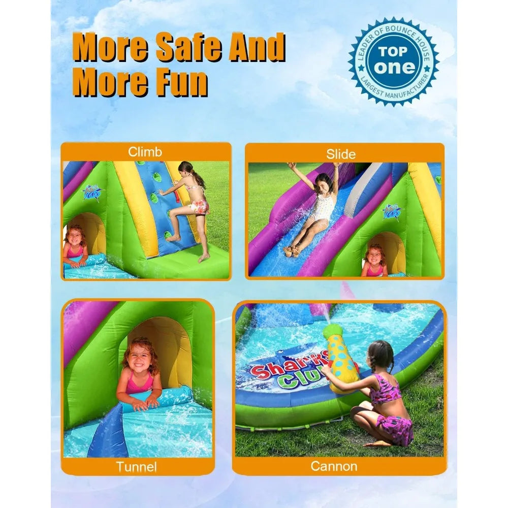 NEW!Inflatable Water Slide,Shark Bounce House w/Slide for Wet and Dry,Playground Sets for Kids Backyard