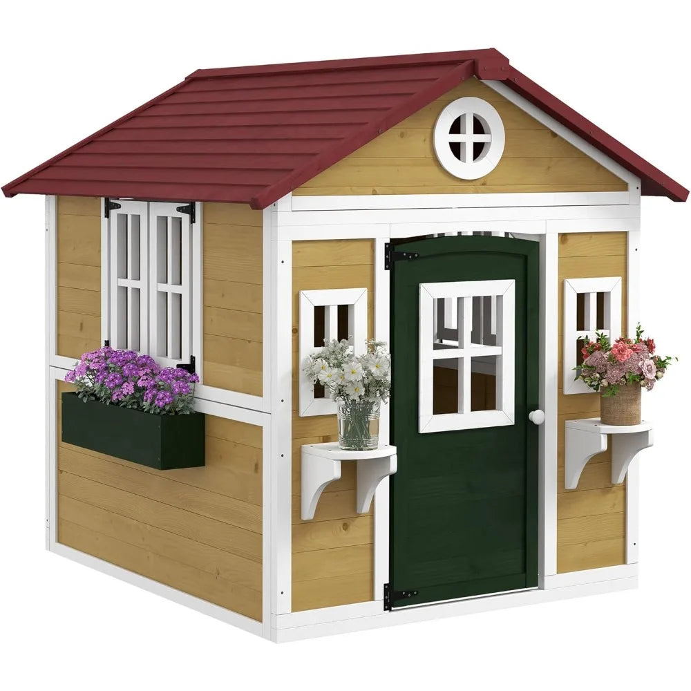 Playhouse for Kids Outdoor, Wooden Playhouse with Doors, Windows, Planter Pots and Boxes for Toddlers 3-8 Years
