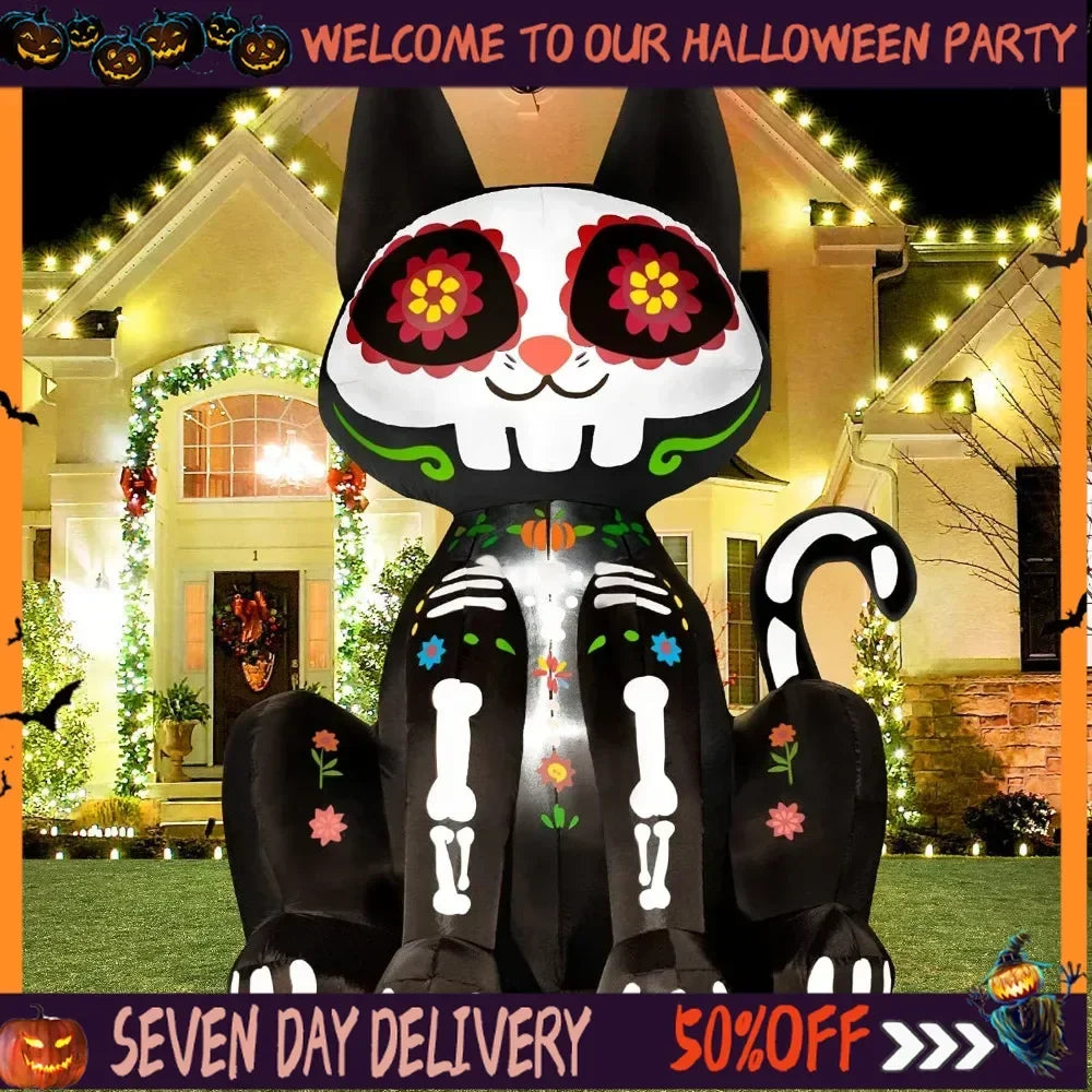 6Ft Halloween Decorations Inflatable Black Cat Halloween Sugar Skull Blow Up