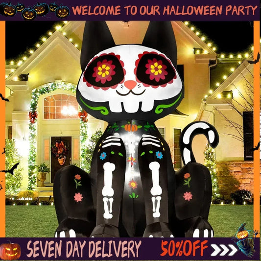 6Ft Halloween Decorations Inflatable Black Cat Halloween Sugar Skull Blow Up