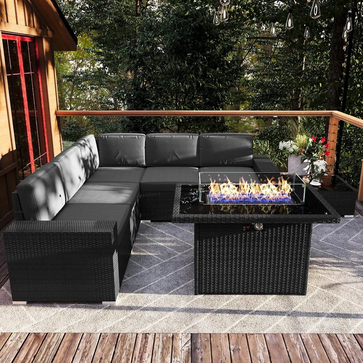 Patio Furniture Set  Fire Pit Table, Outdoor Sectional Wicker Conversation Sofa Sets