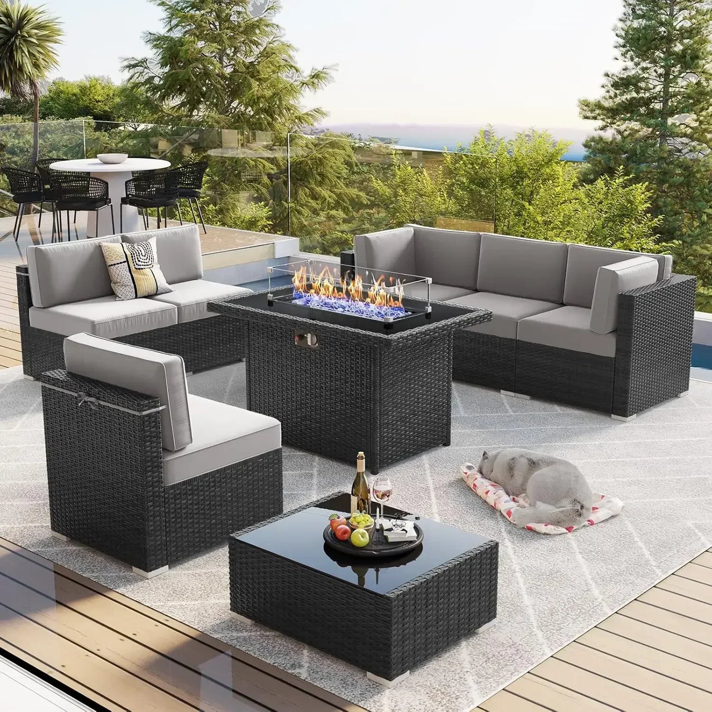 8 Piece Patio Furniture Set with 44" Propane Gas Fire Pit Table