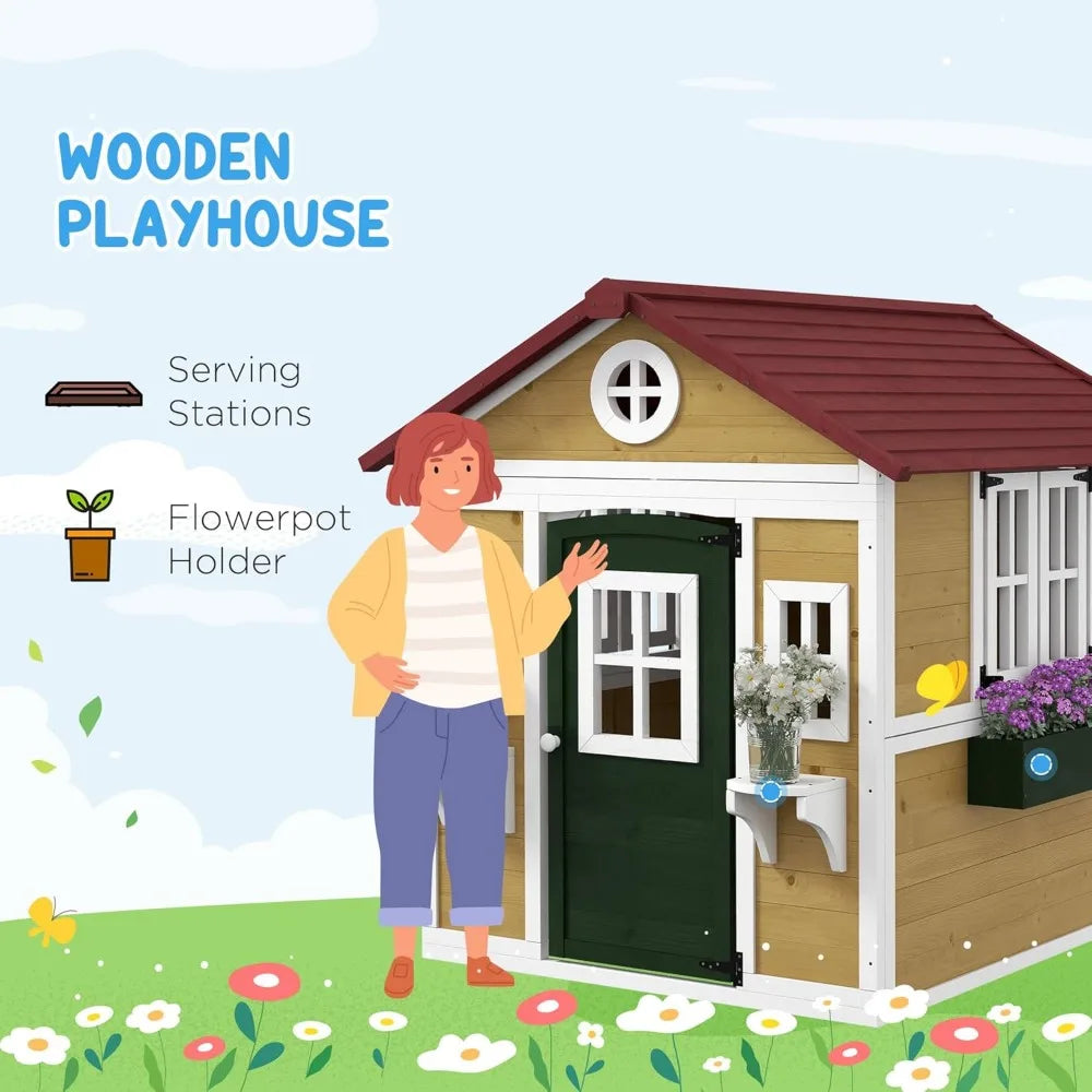 Playhouse for Kids Outdoor, Wooden Playhouse with Doors, Windows, Planter Pots and Boxes for Toddlers 3-8 Years
