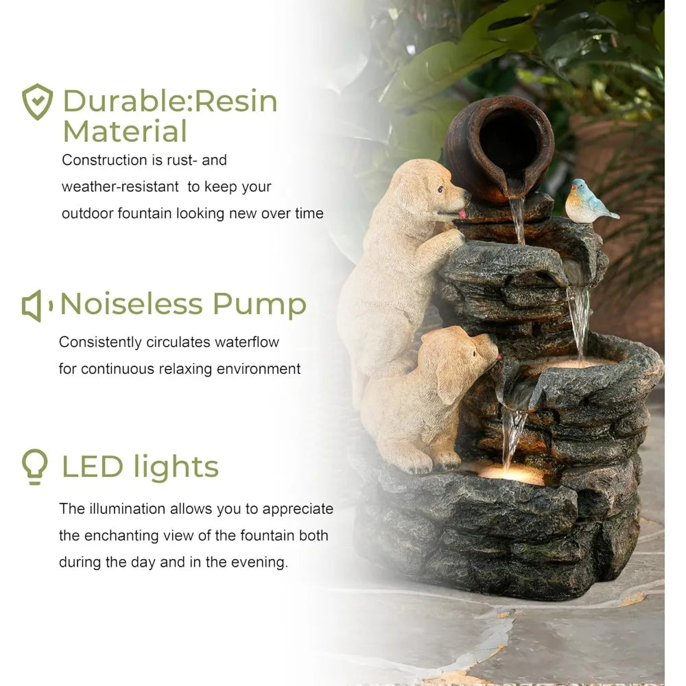 Puppy Rock Tower Farmhouse Resin Fountain with Lights, Outdoor Water Fountain