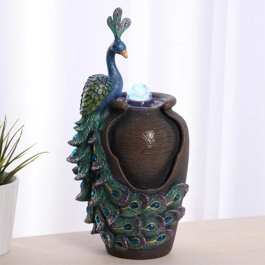 Tabletop Fountain Retro Jar Peacock with Glass Rotating Ball Desk Fountain