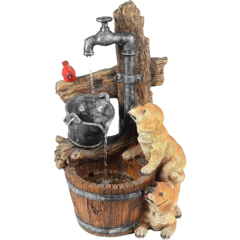Puppy Rock Tower Farmhouse Resin Fountain with Lights, Outdoor Water Fountain