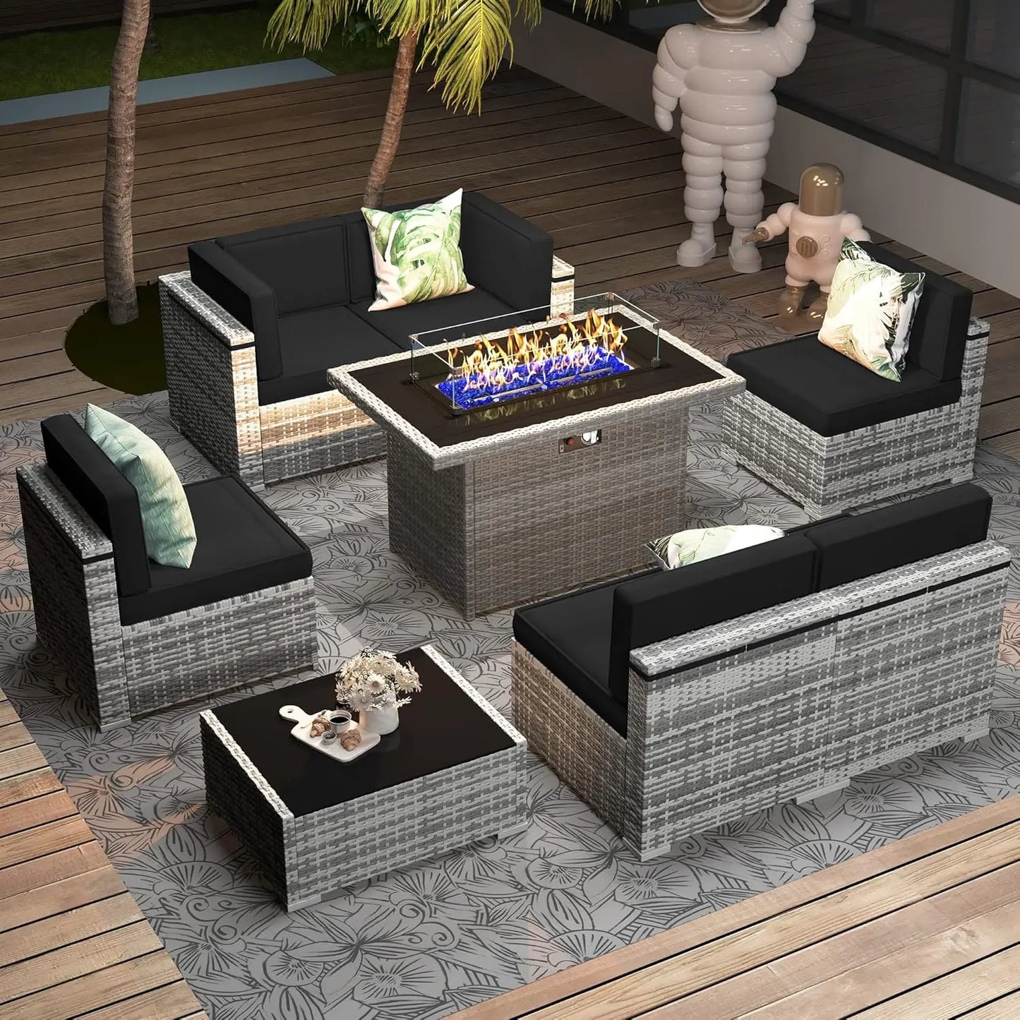 Patio Furniture Set  Fire Pit Table, Outdoor Sectional Wicker Conversation Sofa Sets