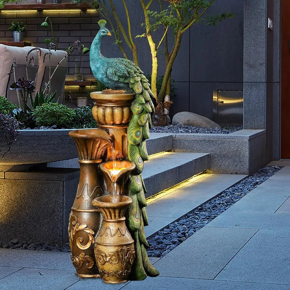 Outdoor fountain, 44 inch resin peacock, outdoor fountain with LED lights