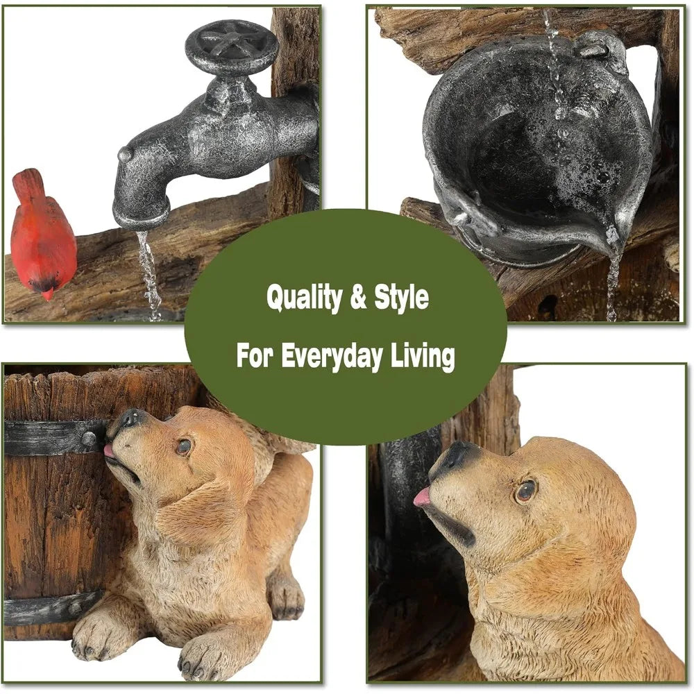 Puppy Rock Tower Farmhouse Resin Fountain with Lights, Outdoor Water Fountain