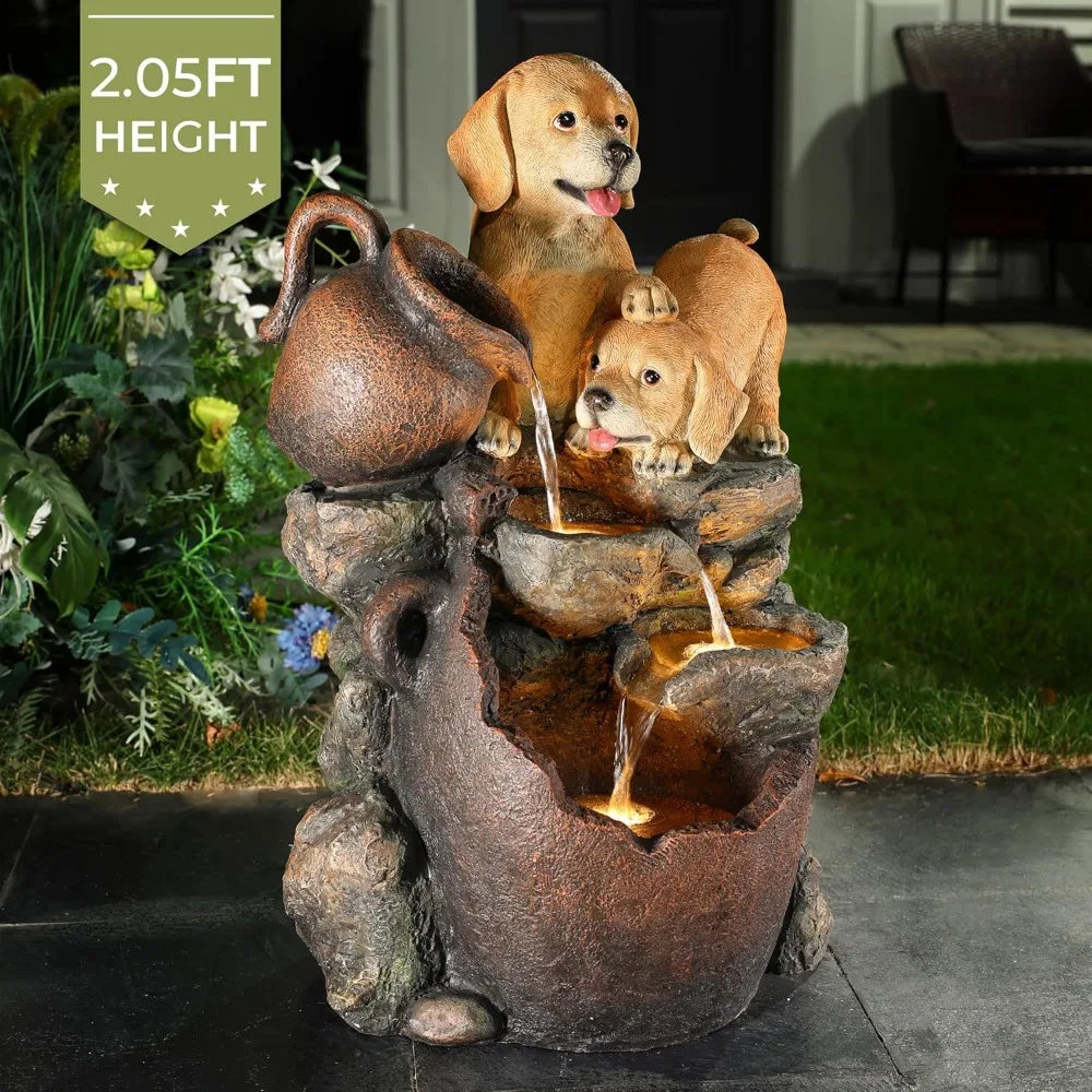 Puppy Rock Tower Farmhouse Resin Fountain with Lights, Outdoor Water Fountain