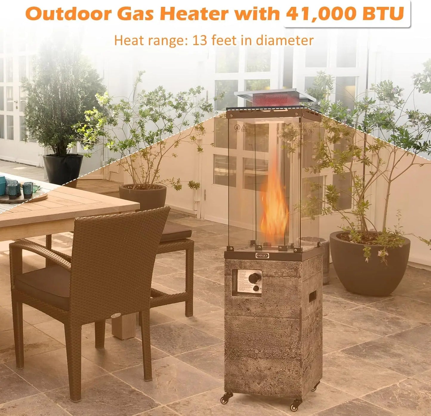 41,000 BTU Propane Patio Heater with Waterproof Cover, Outdoor Heater with Lockable Wheels