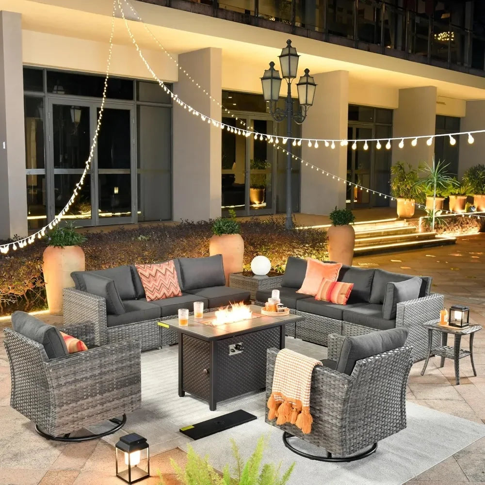 11 Piece Patio Furniture Set with Fire Pit Table, Conversation Sectional Wicker Couch with Swivel Chairs