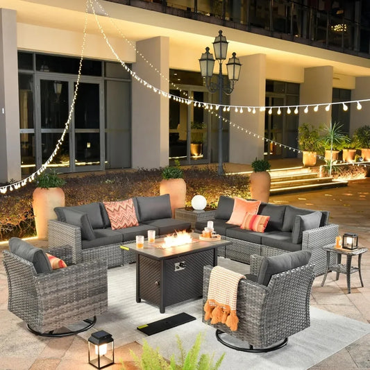 11 Piece Patio Furniture Set with Fire Pit Table, Conversation Sectional Wicker Couch with Swivel Chairs