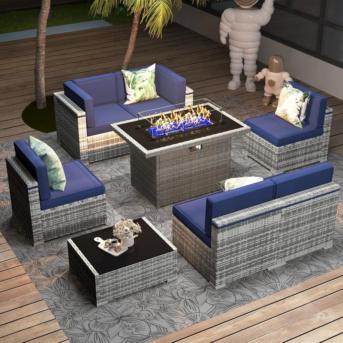 Patio Furniture Set  Fire Pit Table, Outdoor Sectional Wicker Conversation Sofa Sets