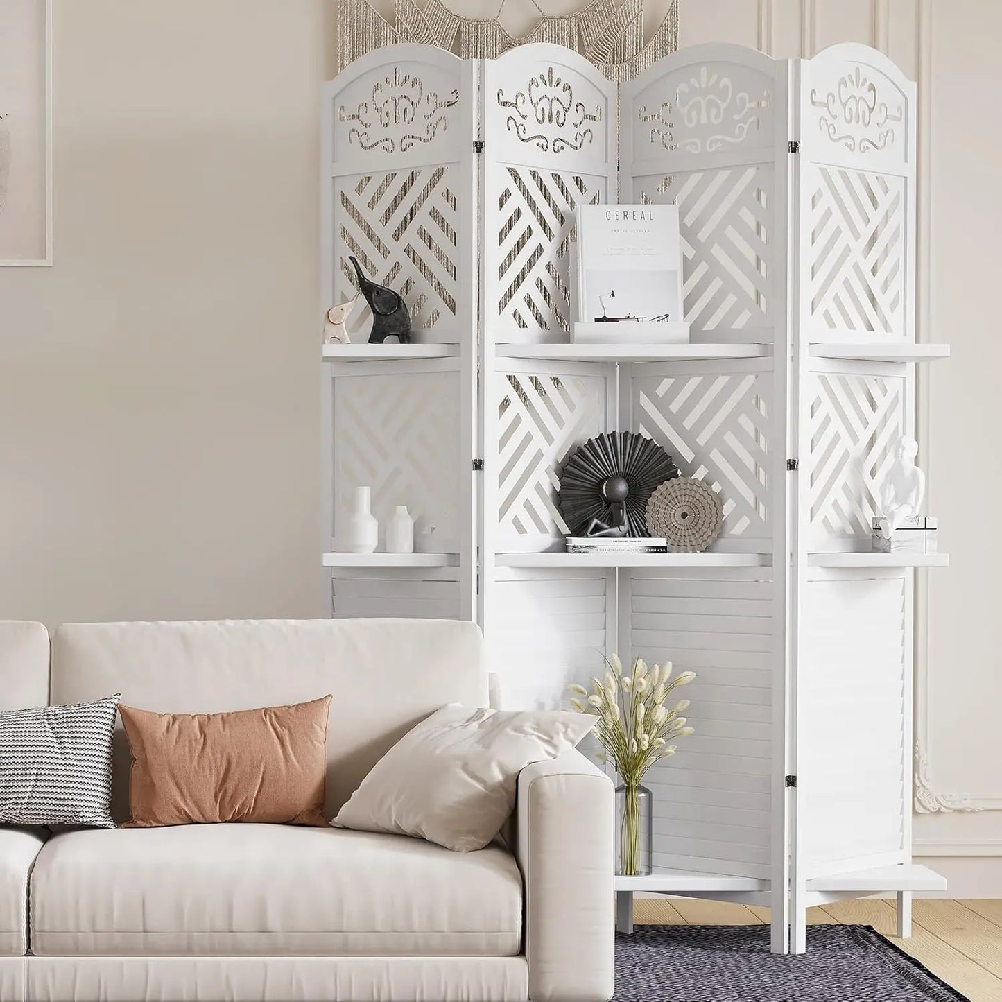 Room Divider with Shelves, 5.75ft Tall Folding Wood Carved Screen
