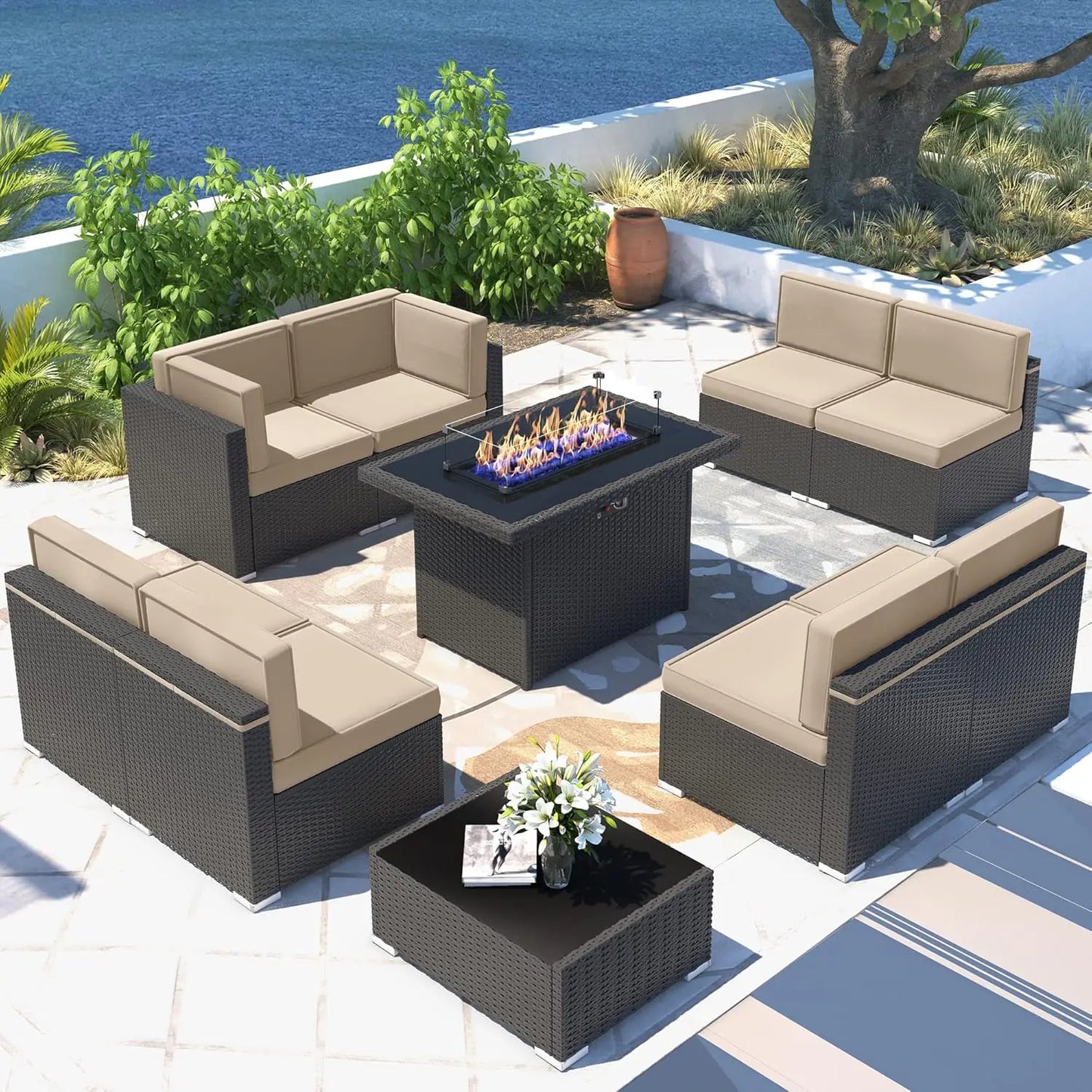 Patio Furniture Set  Fire Pit Table, Outdoor Sectional Wicker Conversation Sofa Sets