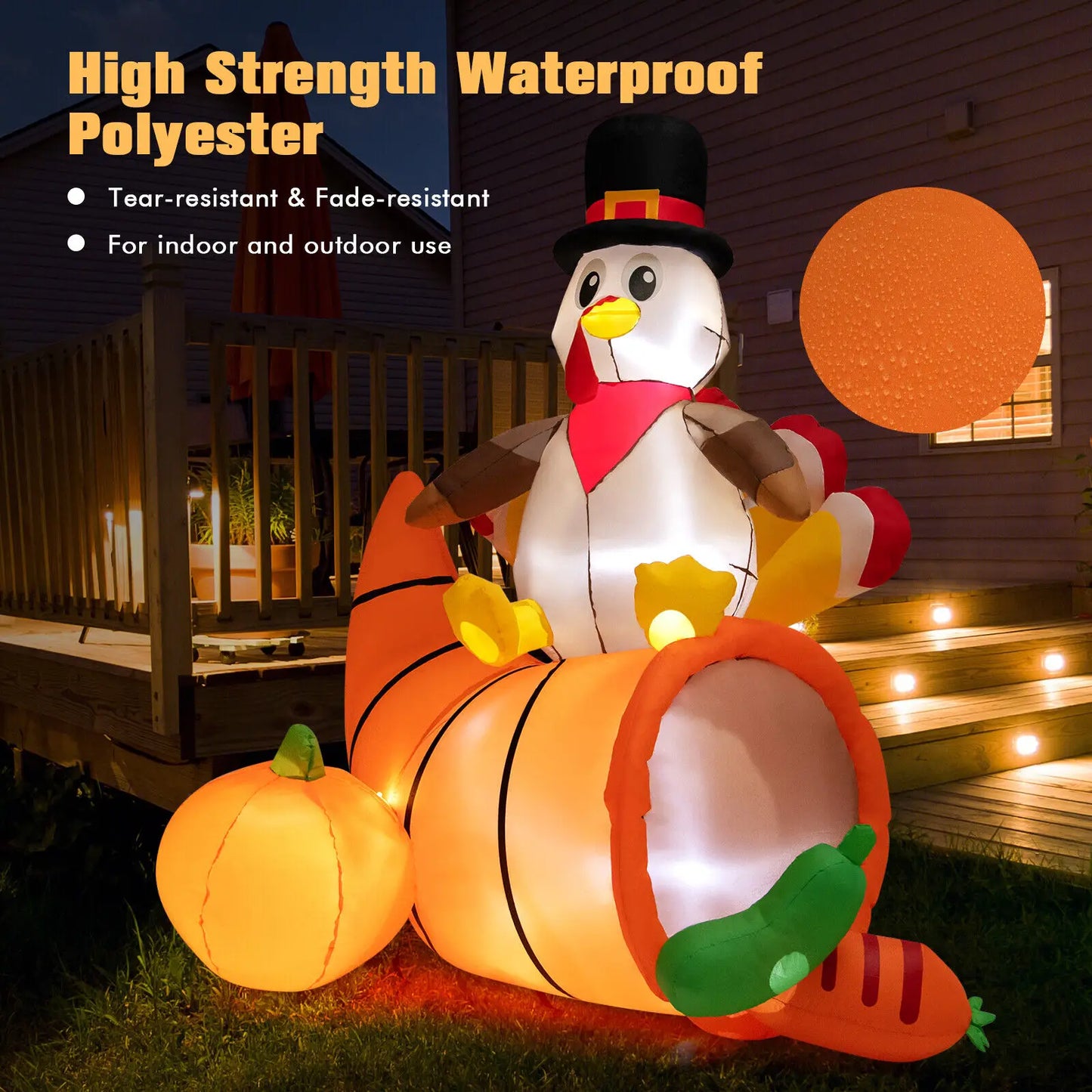 Costway 6 FT Thanksgiving Inflatable Turkey on Cornucopia Harvest Autumn Decor w/Light