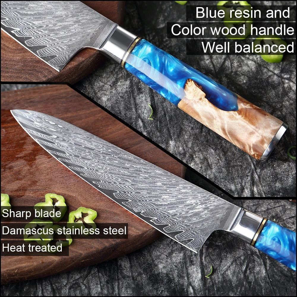 XITUO Kitchen Knives Set Damascus Steel VG10 Chef Knife Cleaver Paring Bread Knife Blue Resin Stabilised Wood Handle 1-7PCS set