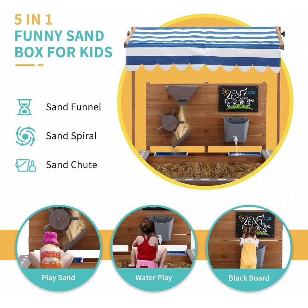 Kids Large Wooden SandBoxes with Roof, Outdoor Sand Box Play w/Canopy