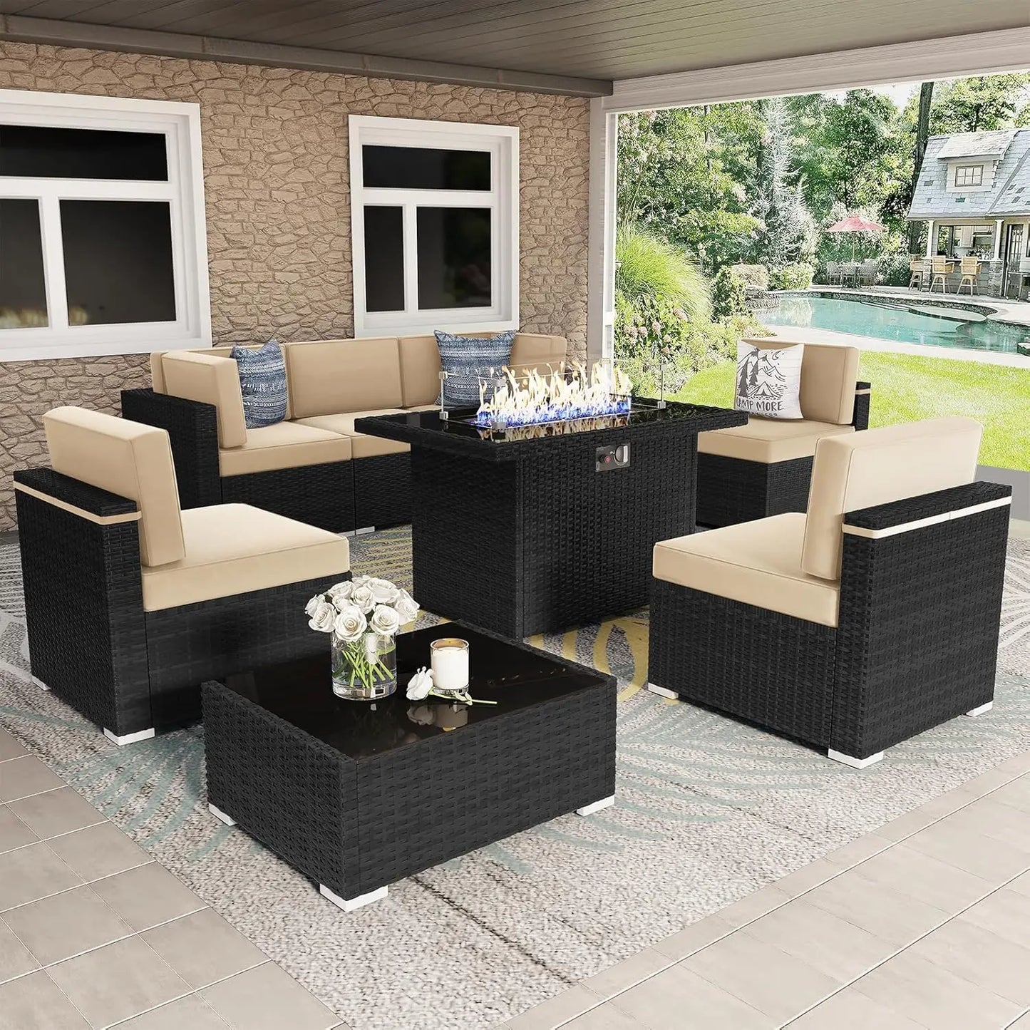 Patio Furniture Set  Fire Pit Table, Outdoor Sectional Wicker Conversation Sofa Sets