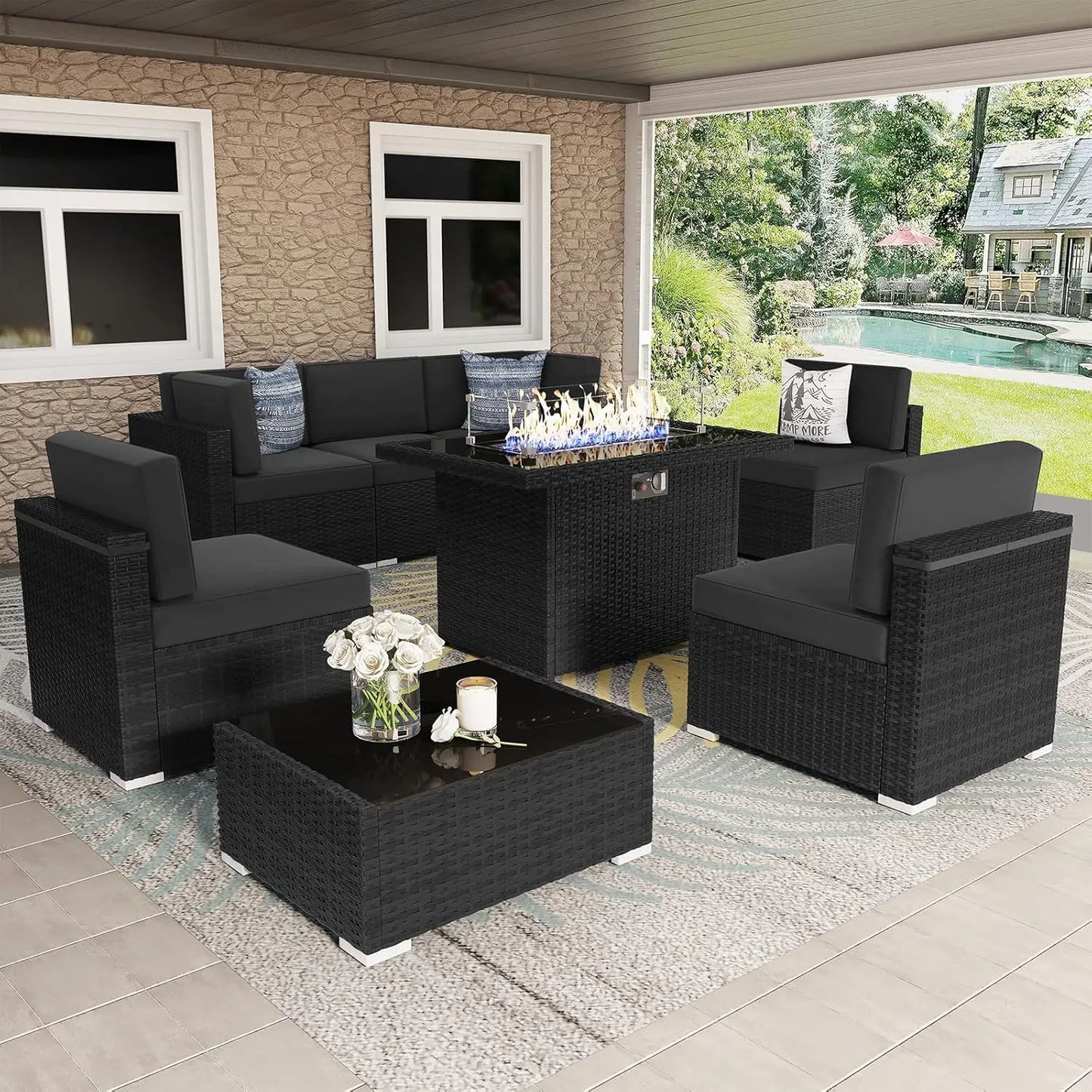 Patio Furniture Set  Fire Pit Table, Outdoor Sectional Wicker Conversation Sofa Sets