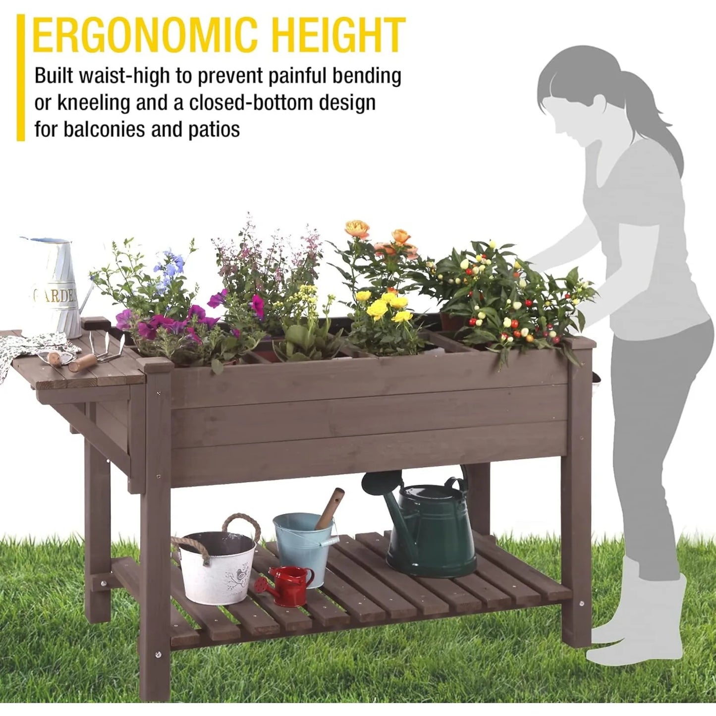 US Raised Garden Bed, Elevated Plant Boxes Outdoor Large with Grow Grid - with Large Storage Shelf 52.7" x 22" x 30"