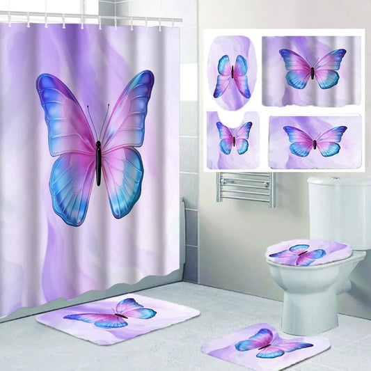 1/4 Pink Butterfly Circle shower Curtains, Toilet Seat Decoration, Shower Curtain with Carpet and Toilet Lid