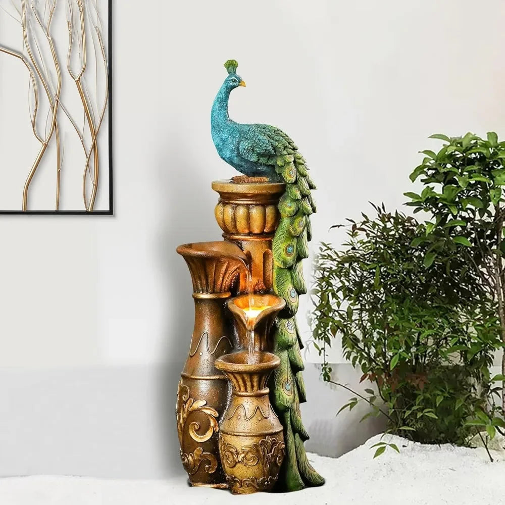 Outdoor fountain, 44 inch resin peacock, outdoor fountain with LED lights