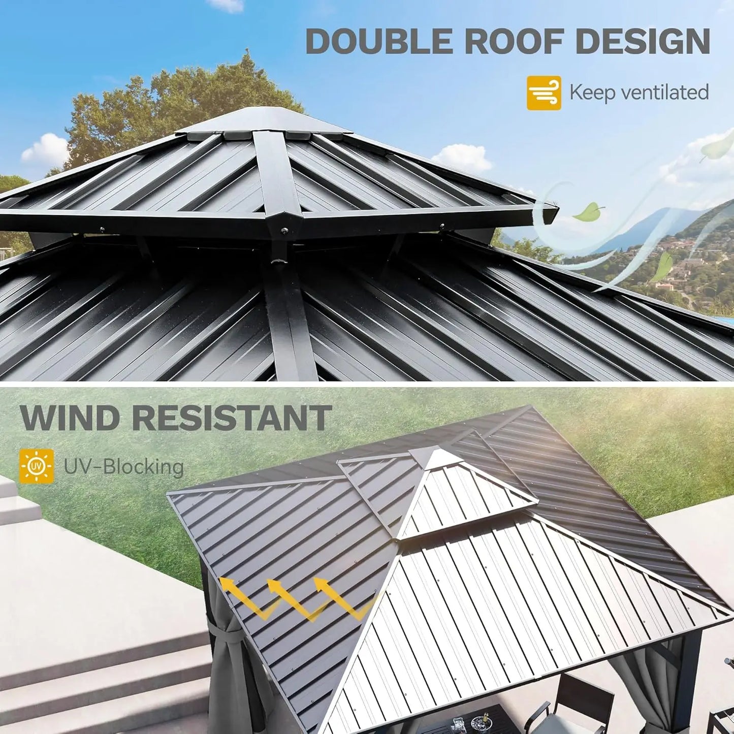 Hardtop Gazebo Double Roof with Nettings and Curtains Heavy Duty Galvanized Steel Outdoor