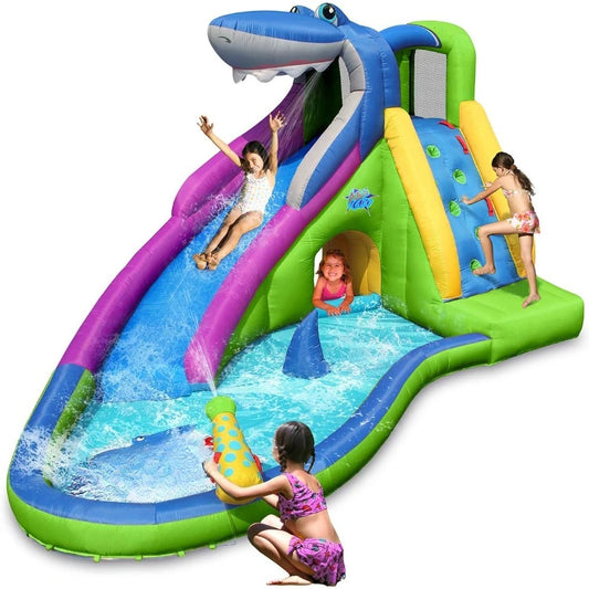 NEW!Inflatable Water Slide,Shark Bounce House w/Slide for Wet and Dry,Playground Sets for Kids Backyard