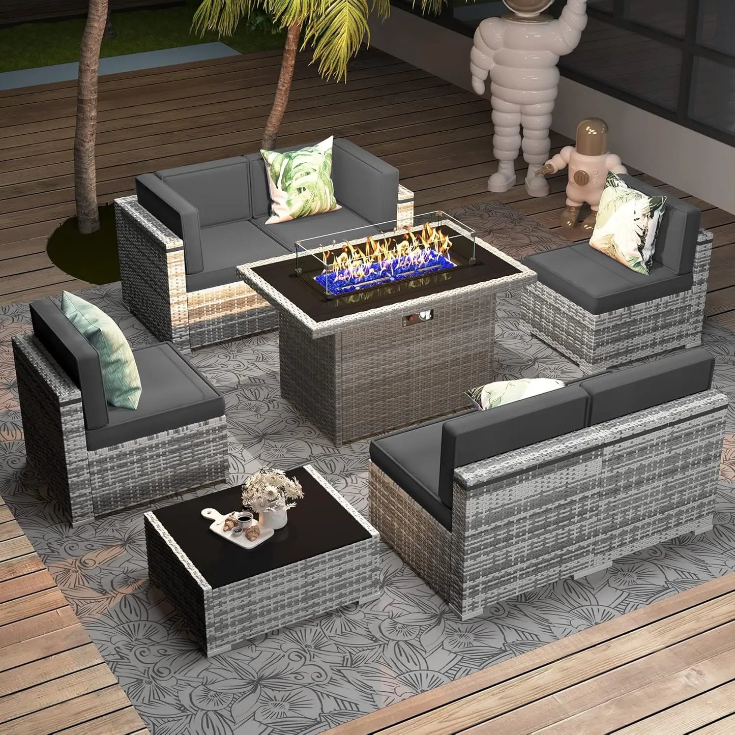 Patio Furniture Set  Fire Pit Table, Outdoor Sectional Wicker Conversation Sofa Sets