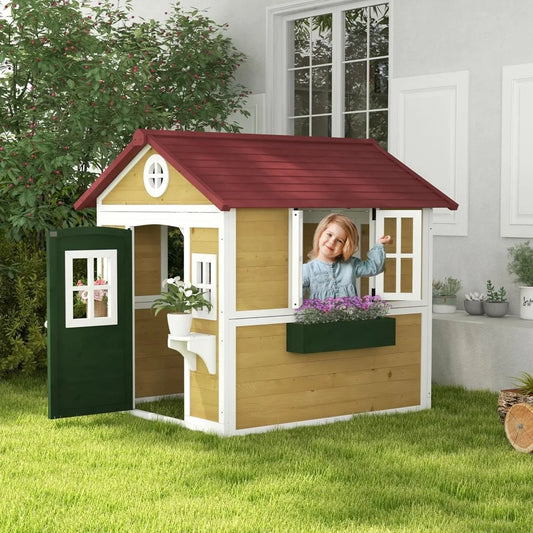 Playhouse for Kids Outdoor, Wooden Playhouse with Doors, Windows, Planter Pots and Boxes for Toddlers 3-8 Years