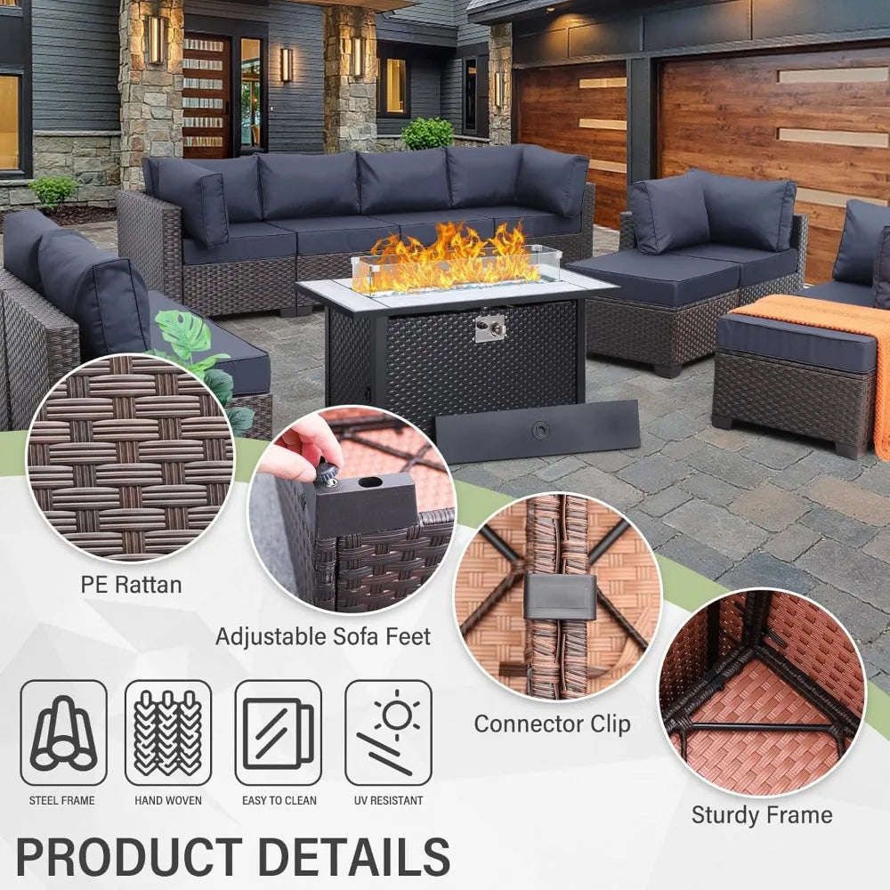 Outdoor Patio Furniture Set 11 Piece Dark Brown Rattan Sectional Sofa PE Wicker Conversation Chairs with 45" Propane Fire