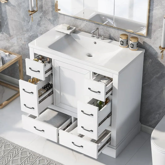 36" Bathroom Vanity with Sink ,6 Drawers & One Cabinet with Adjustable Shelf