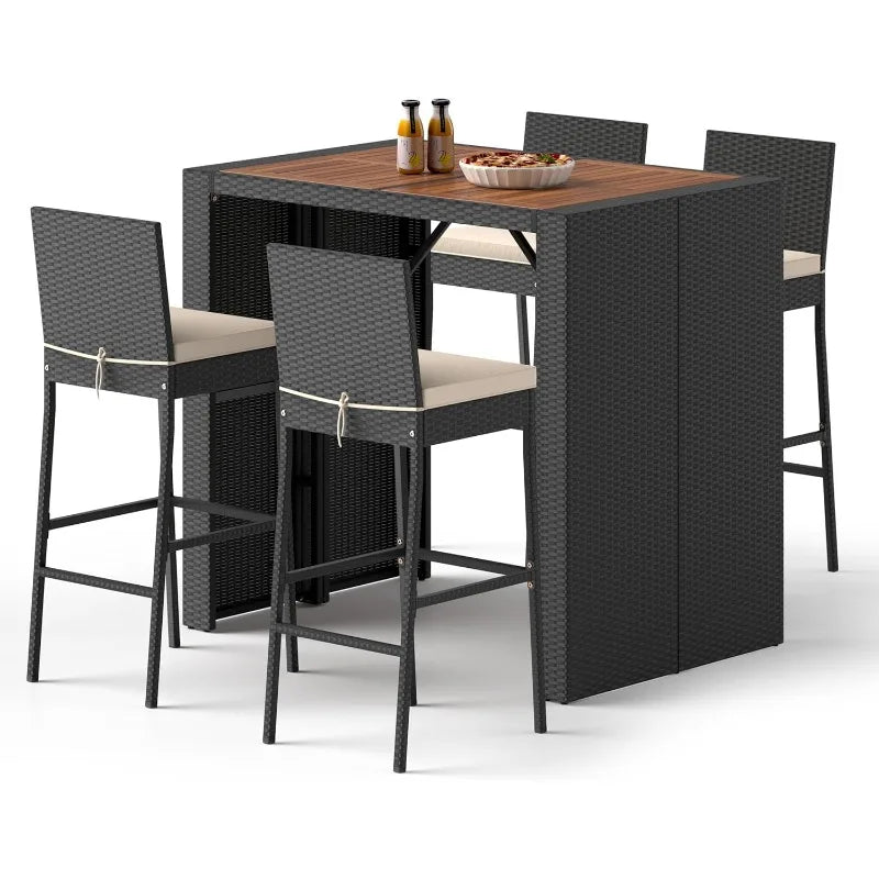 5-Piece Outdoor Bar Set - Wicker Rattan Bar Height Dining Table w/Acacia Wood Top & 4 Bar Stools Chairs w/Seat Cushions,