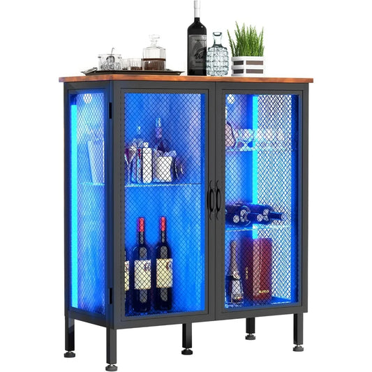 Wine Cabinet Bar Cabinet with Storage for Home -with Glass Shelves with Led Lights and Outlets