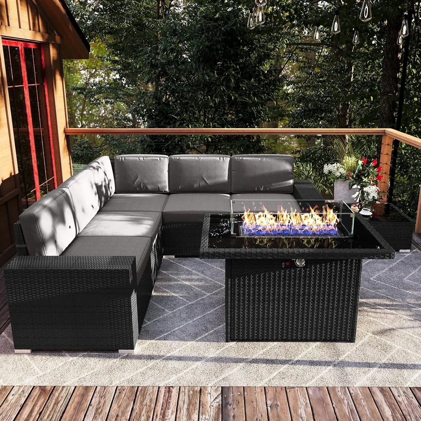 Patio Furniture Set  Fire Pit Table, Outdoor Sectional Wicker Conversation Sofa Sets