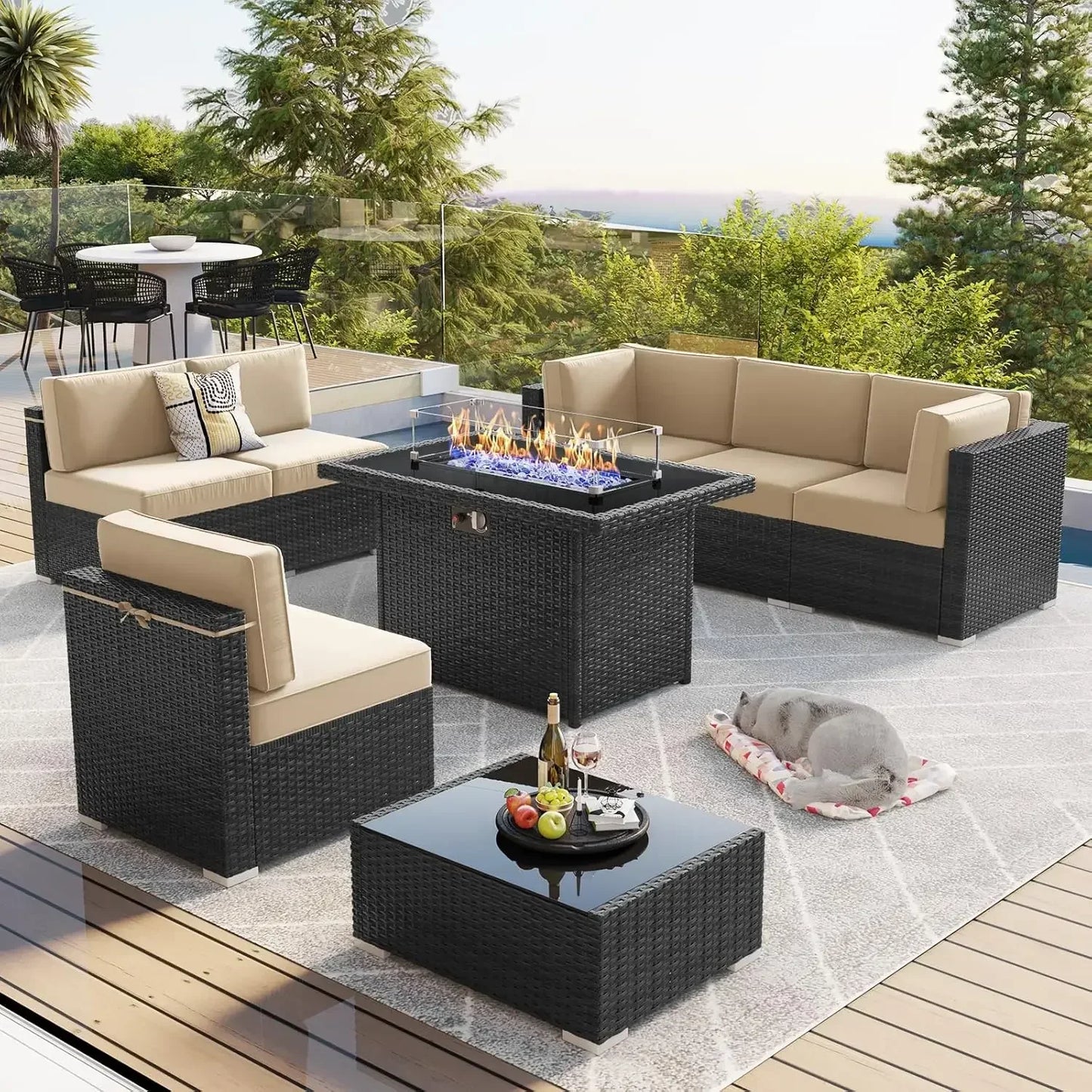8 Piece Patio Furniture Set with 44" Propane Gas Fire Pit Table