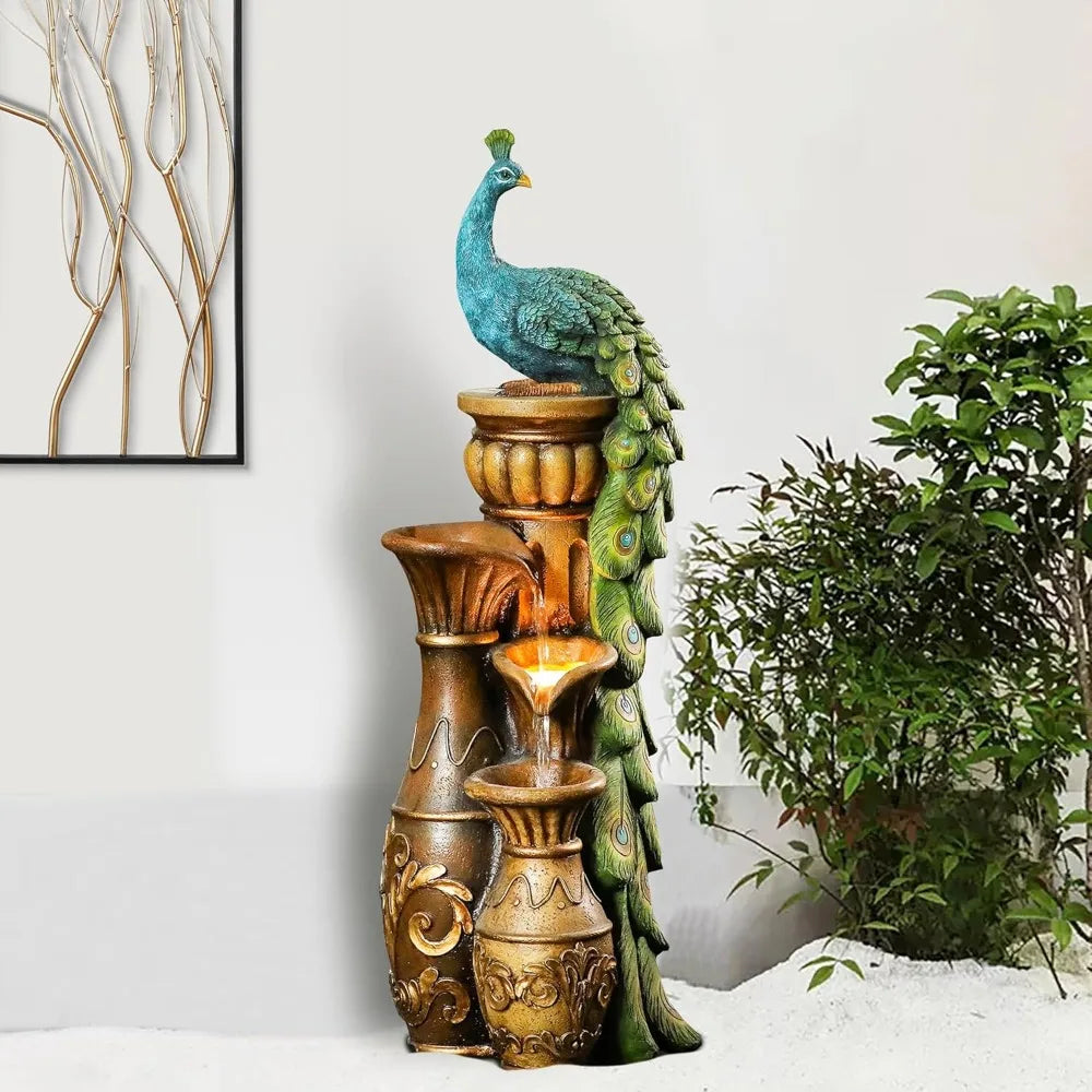 Outdoor fountain, 44 inch resin peacock, outdoor fountain with LED lights